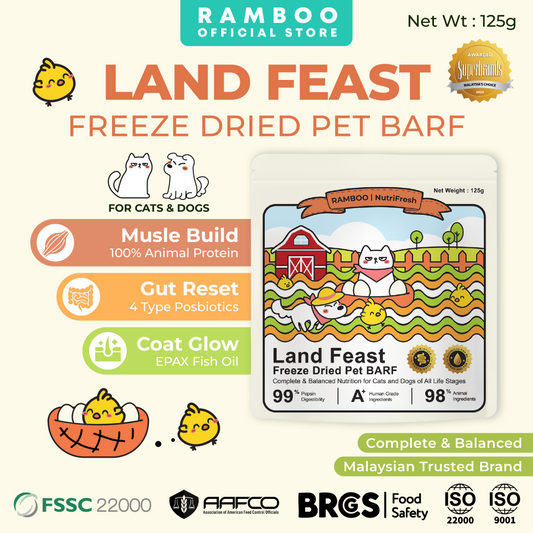 Ramboo Land Feast Premium Freeze-Dried Cat & Dog BARF Diet 125g | Supports Muscle Growth & Gut Health RAMBOO