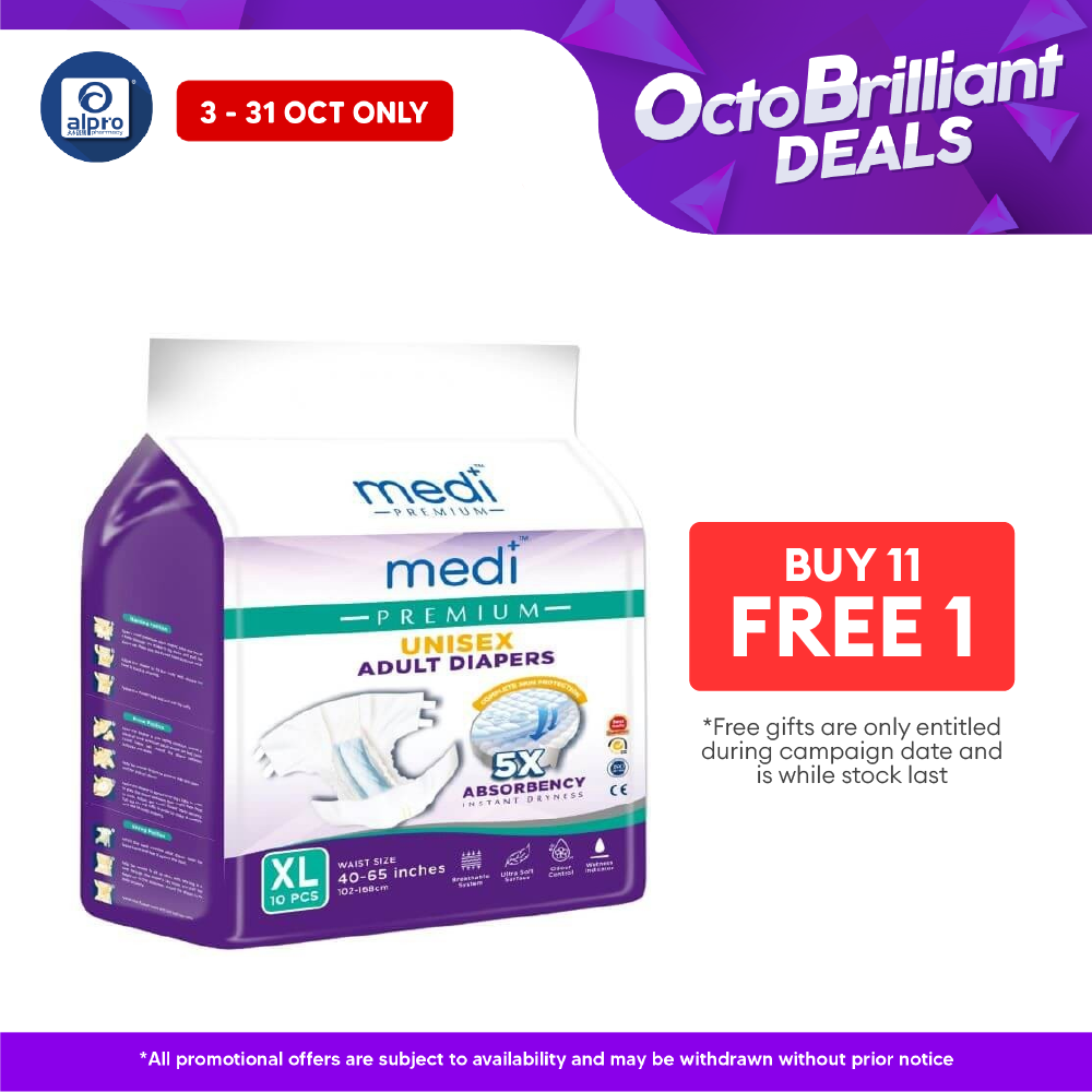 Medi Premium Unisex Adult Diapers (XL) 10s | 5X Absorbency Medi+
