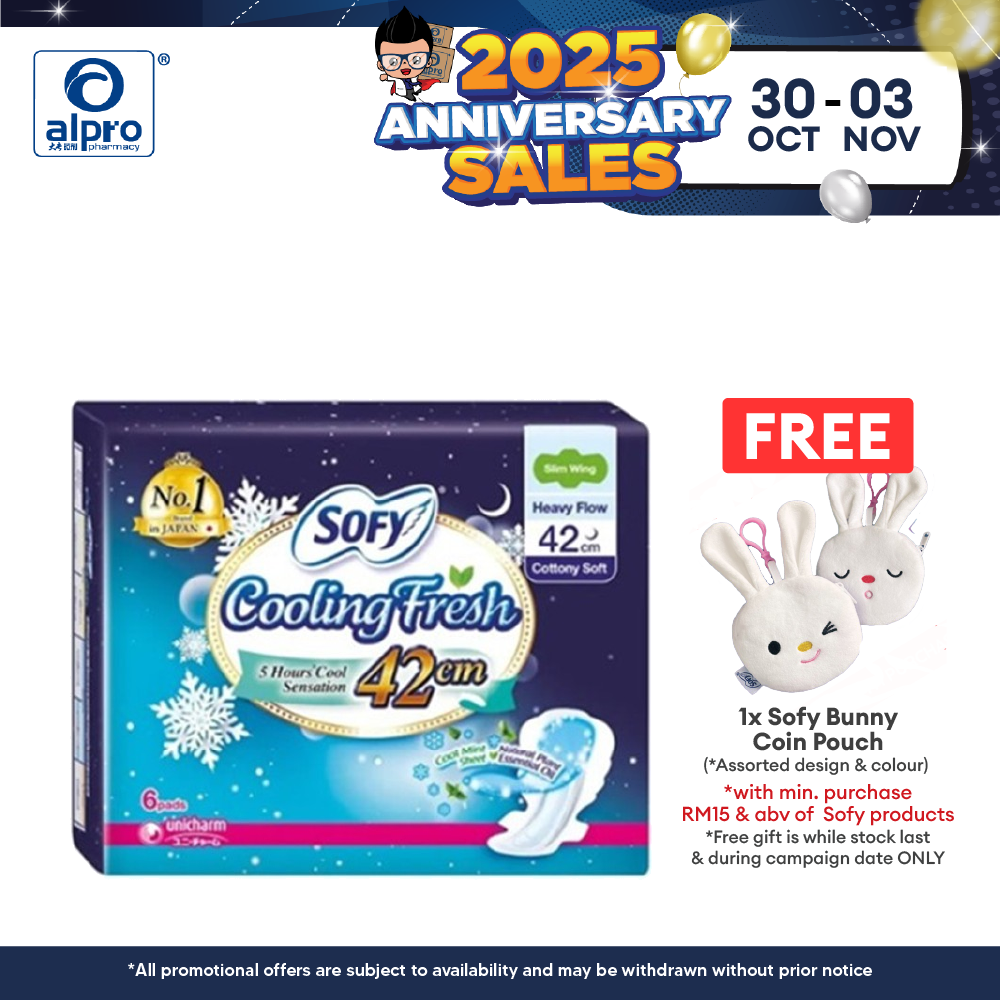 Sofy Cooling Night Sanitary Pads Slim Wing 42cm 6s | High Absorbent Alpro Pharmacy