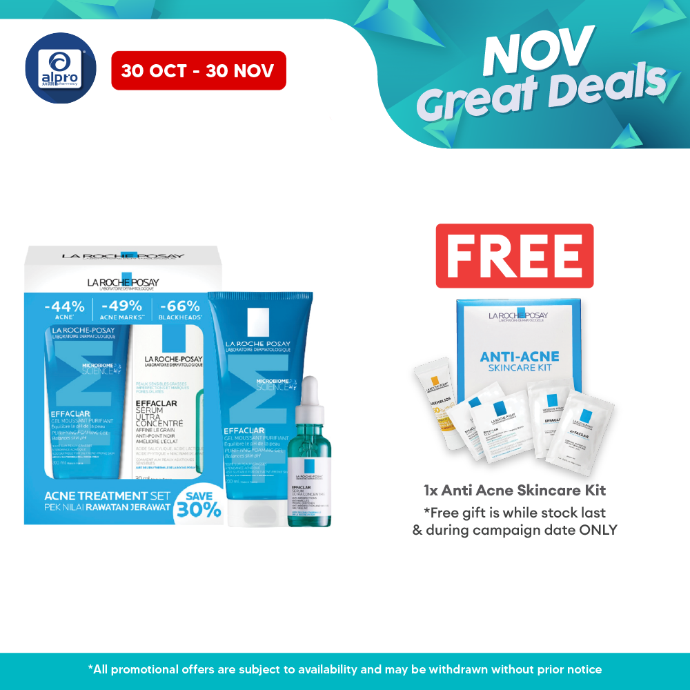 La Roche-Posay Acne Treatment Effaclar Set (Purifying Gel 200mL + Serum 30mL) | Gentle to Skin & Rebalance pH Level Alpro Pharmacy