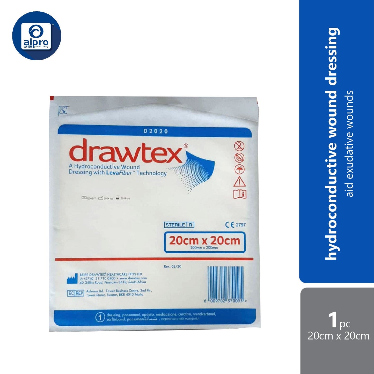 Drawtex Hydroconductive Wound Dressing 20×20cm | Aid Highly Exudative Wounds drawtex