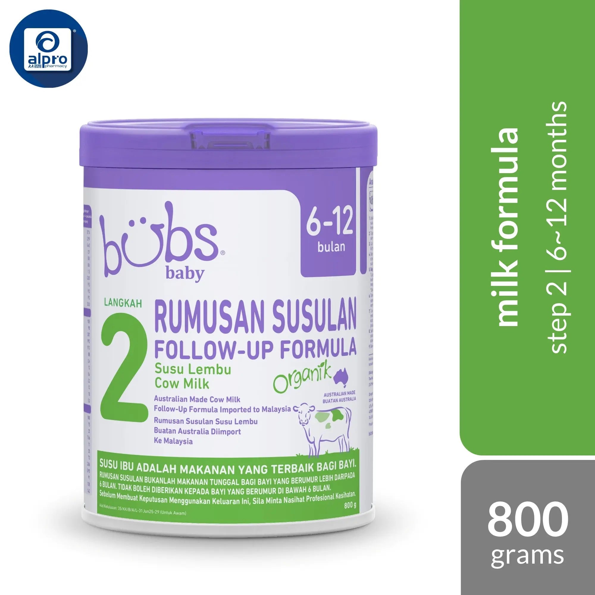 Bubs Organic Grass Fed Follow-On Milk Formula S2 800g - Alpro Pharmacy