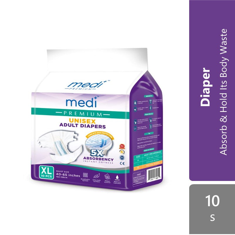 Medi Premium Unisex Adult Diapers (XL) 10s | 5X Absorbency Medi+