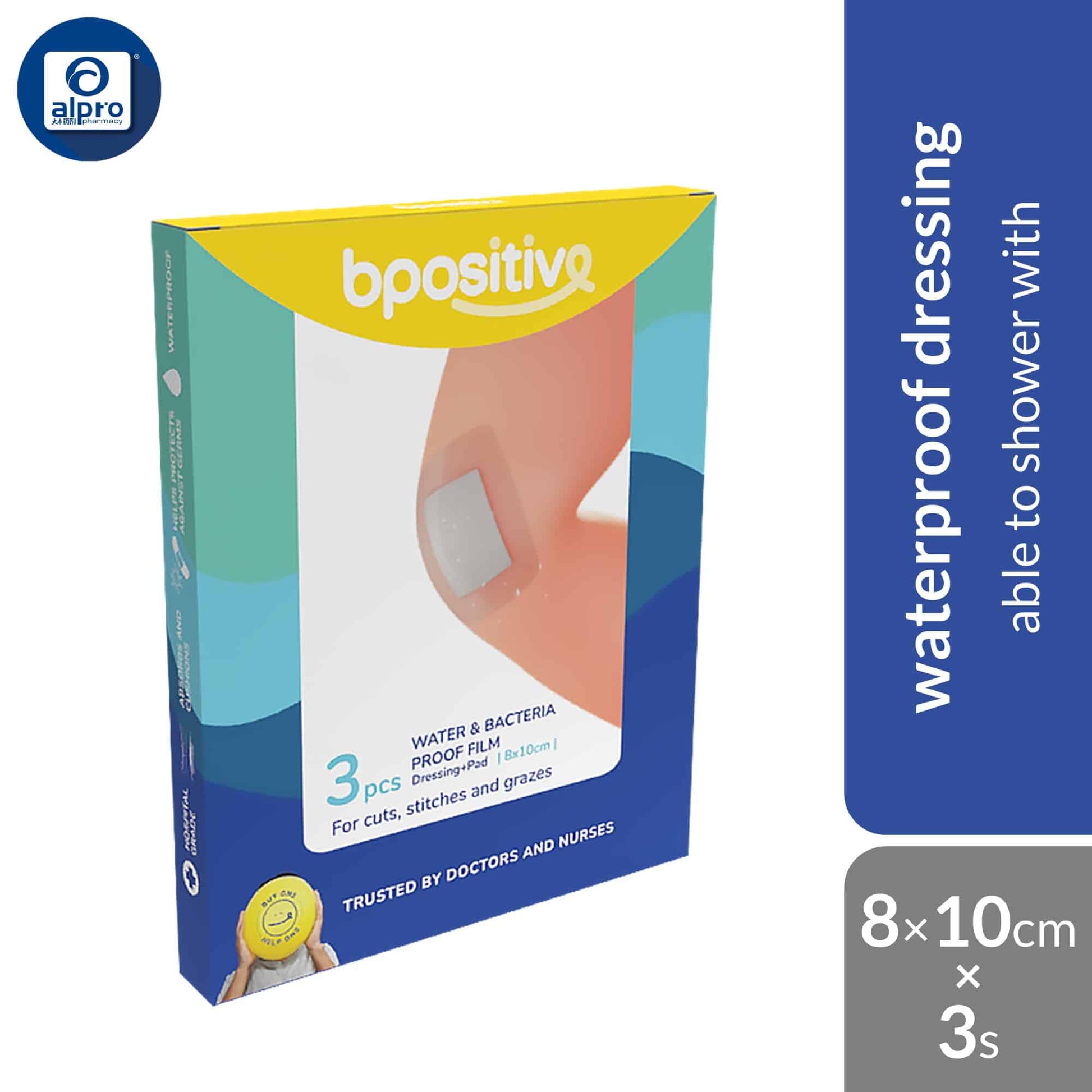 bpositive-water-bacteria-proof-film-dressing-pad-8-x-10-cm-3s-for-cuts-stitches-grazes