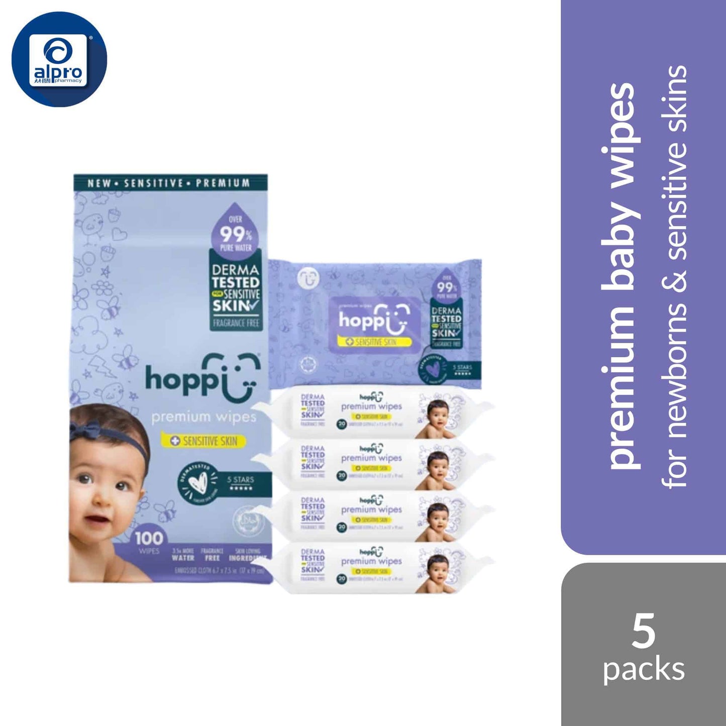 hoppi-99-premium-water-baby-wipes-20-sheets-per-pack-5-in-1-bundle-pack-suitable-for-newborns-sensitive-skins