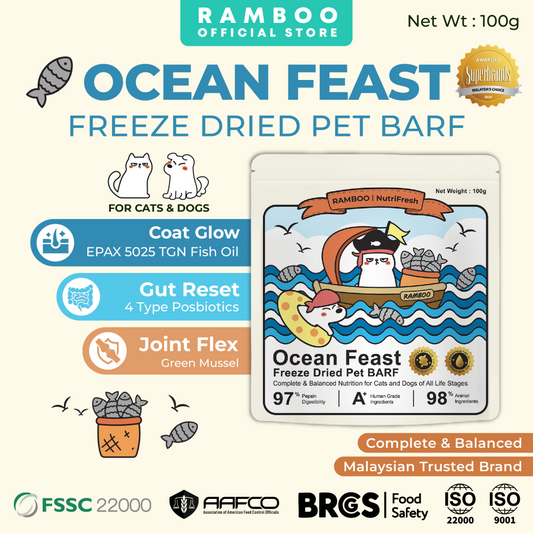 Ramboo Ocean Feast Premium Freeze-Dried Cat & Dog BARF Diet 100g | Supports Muscle Growth & Gut Health RAMBOO