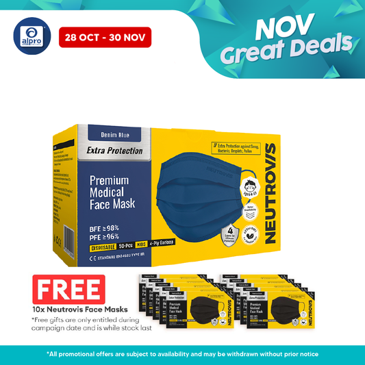 Neutrovis 4ply Premium Medical Face Mask with Extra Protection (Denim Blue) 50s | For Kids Neutrovis