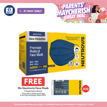 Neutrovis 4ply Premium Medical Face Mask with Extra Protection (Denim Blue) 50s | For Kids Neutrovis