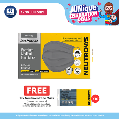Neutrovis 4ply Premium Medical Face Mask with Extra Protection (Steel Grey) 50s | For Kids Alpro Pharmacy