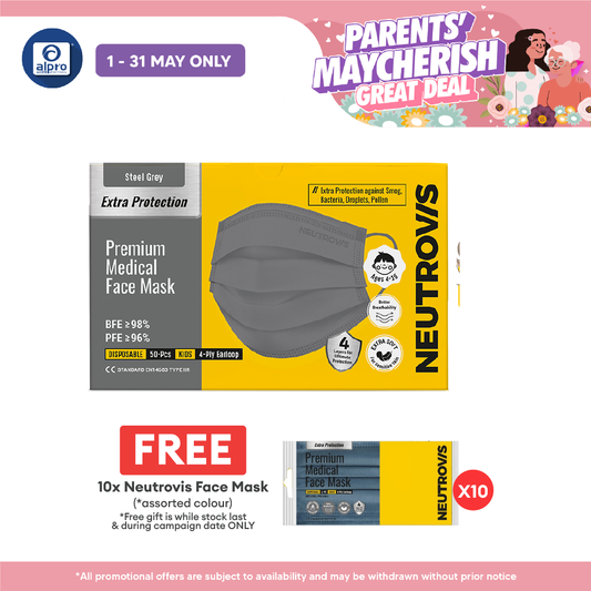 Neutrovis 4ply Premium Medical Face Mask with Extra Protection (Steel Grey) 50s | For Kids Alpro Pharmacy