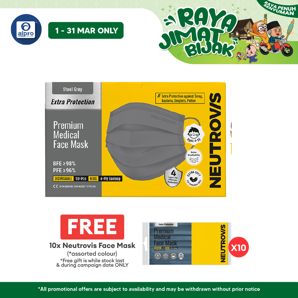 Neutrovis 4ply Premium Medical Face Mask with Extra Protection (Steel Grey) 50s | For Kids Alpro Pharmacy
