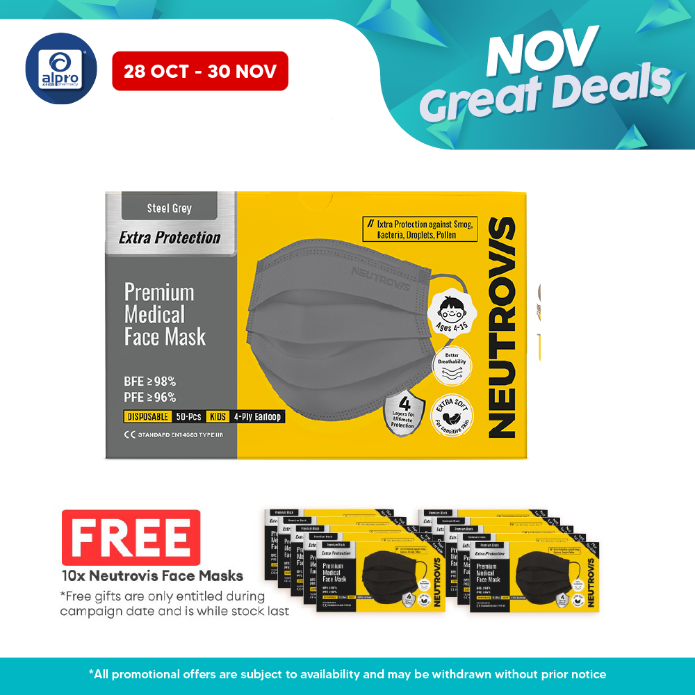Neutrovis 4ply Premium Medical Face Mask with Extra Protection (Steel Grey) 50s | For Kids Alpro Pharmacy