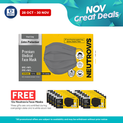 Neutrovis 4ply Premium Medical Face Mask with Extra Protection (Steel Grey) 50s | For Kids Alpro Pharmacy