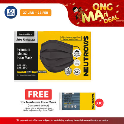 Neutrovis 4ply Premium Medical Face Mask with Extra Protection (Black) 50s | For Kids Alpro Pharmacy