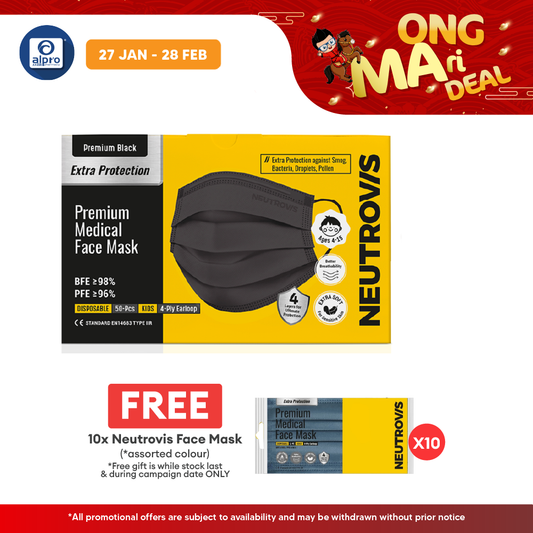 Neutrovis 4ply Premium Medical Face Mask with Extra Protection (Black) 50s | For Kids Alpro Pharmacy