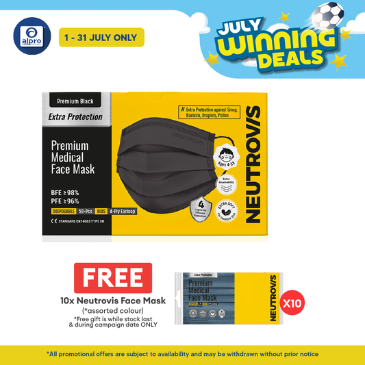 Neutrovis 4ply Premium Medical Face Mask with Extra Protection (Black) 50s | For Kids Alpro Pharmacy
