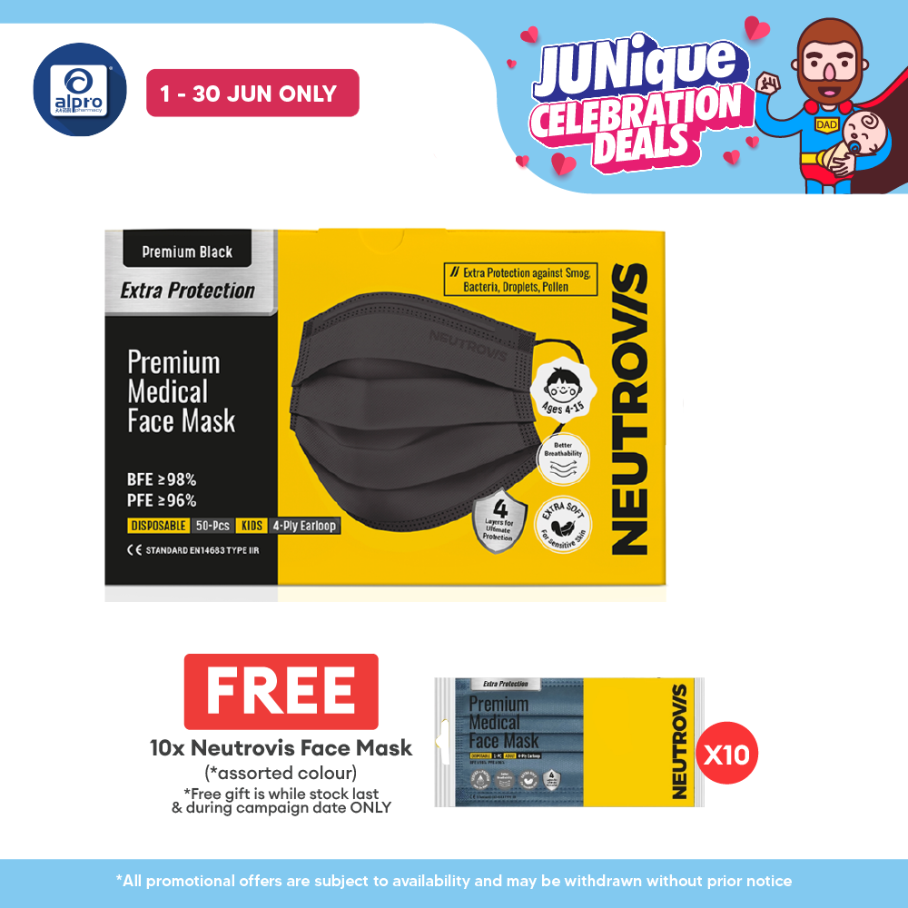 Neutrovis 4ply Premium Medical Face Mask with Extra Protection (Black) 50s | For Kids Alpro Pharmacy