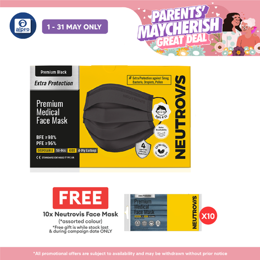 Neutrovis 4ply Premium Medical Face Mask with Extra Protection (Black) 50s | For Kids Alpro Pharmacy