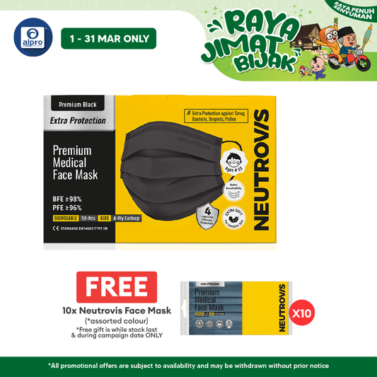 Neutrovis 4ply Premium Medical Face Mask with Extra Protection (Black) 50s | For Kids Alpro Pharmacy