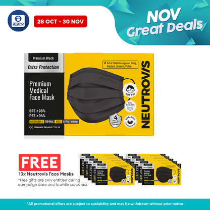 Neutrovis 4ply Premium Medical Face Mask with Extra Protection (Black) 50s | For Kids Alpro Pharmacy