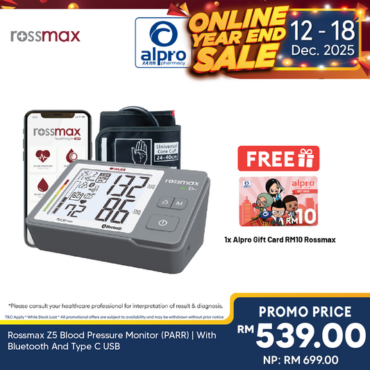 Rossmax Z5 Blood Pressure Monitor (PARR) | With Bluetooth And Type C USB Alpro Pharmacy