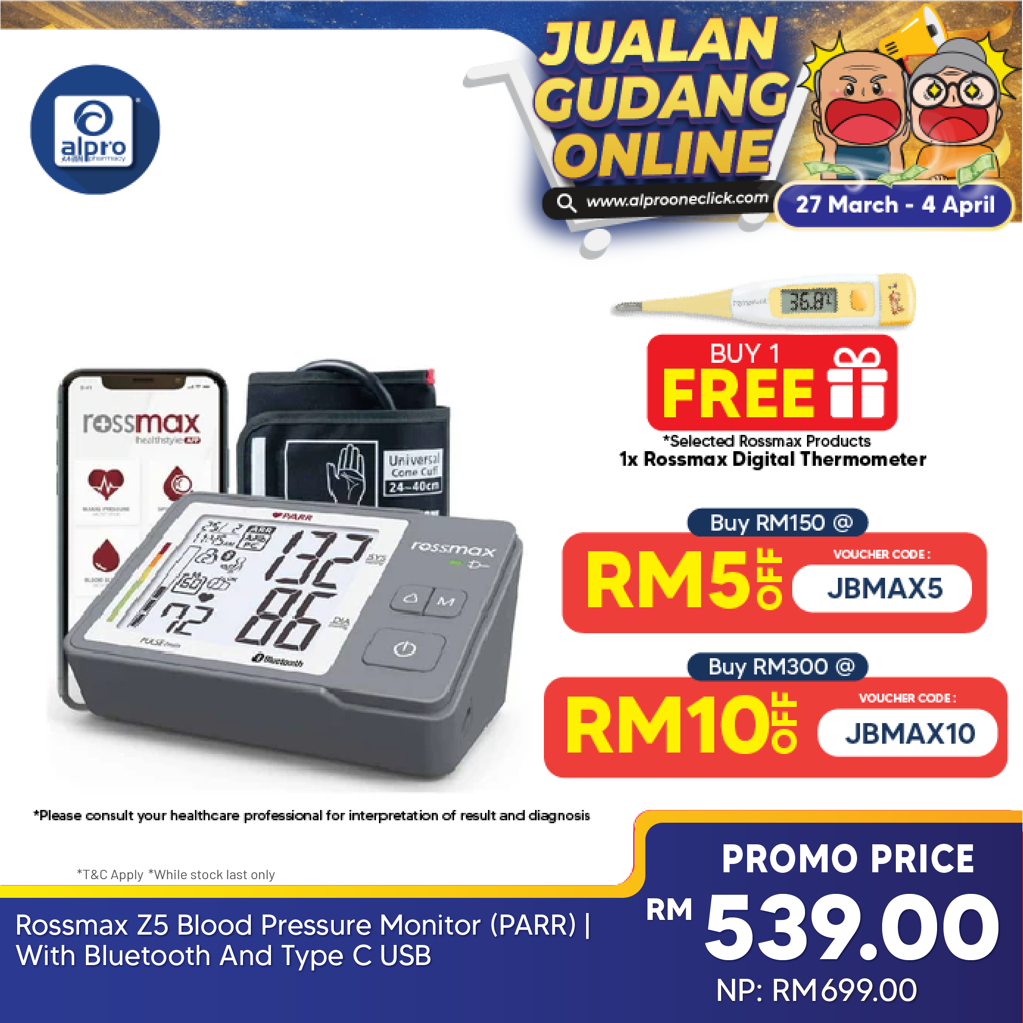 Rossmax Z5 Blood Pressure Monitor (PARR) | With Bluetooth And Type C USB Alpro Pharmacy