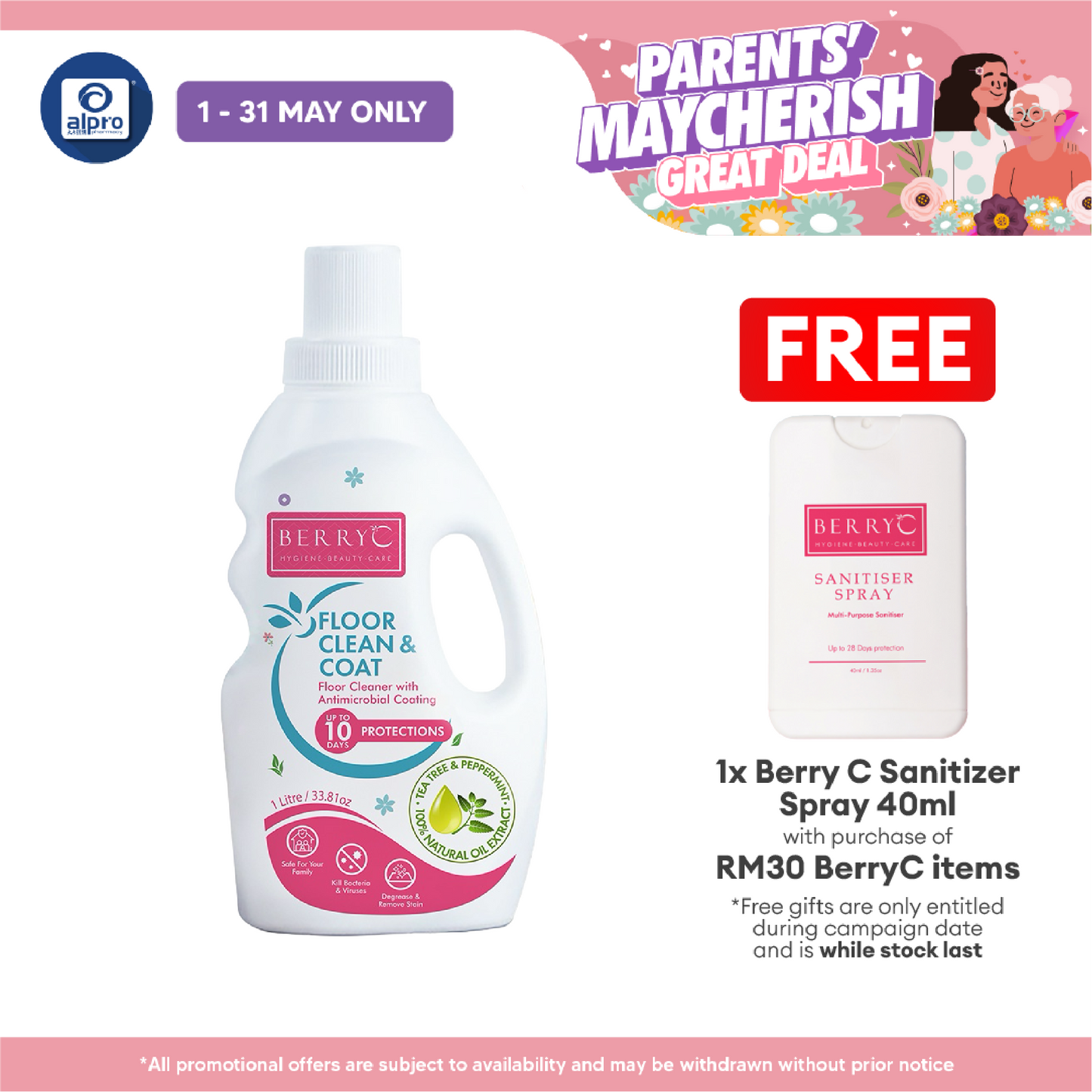 Berry C Sanitizer Floor Clean & Coat 1L | Kill Bacteria & Viruses Berry C