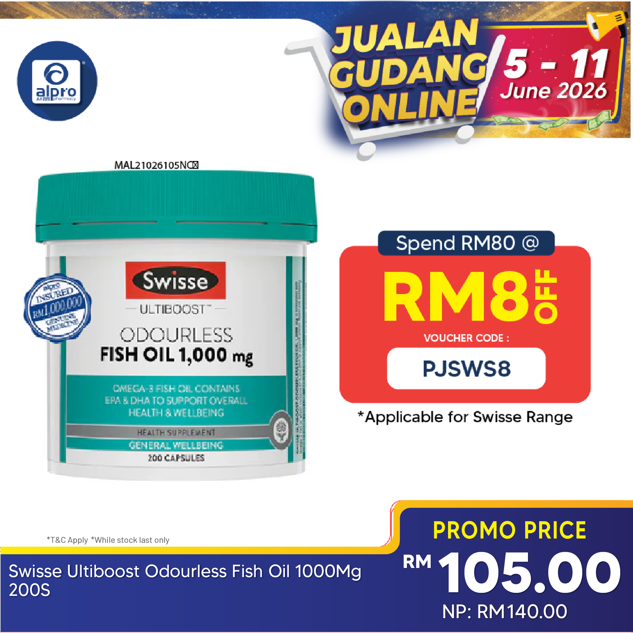 Swisse Ultiboost Odourless Fish Oil 1000mg 200s | Support Heart, Brain, Eye & Joint Health Swisse