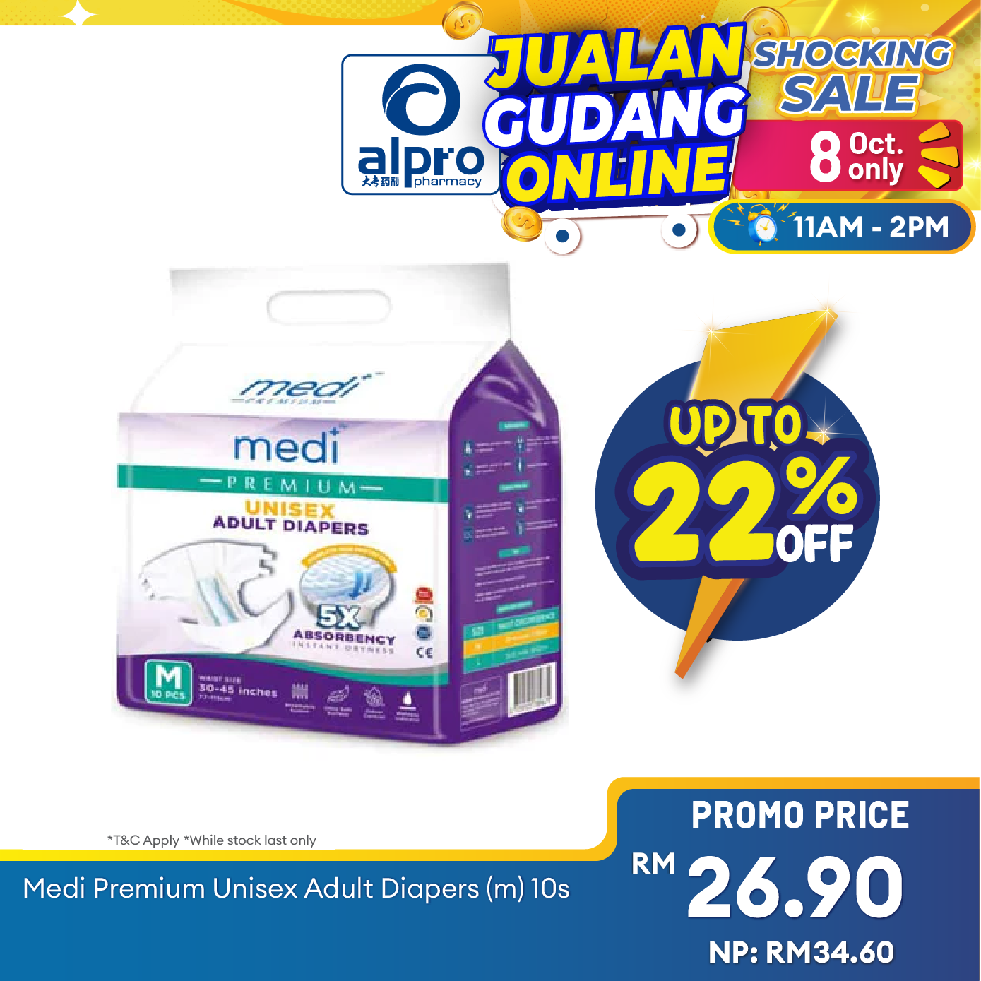 Medi Premium Unisex Adult Diapers (M) 10s | Fast Dry Absorption Alpro Pharmacy