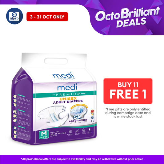 Medi Premium Unisex Adult Diapers (M) 10s | Fast Dry Absorption Alpro Pharmacy