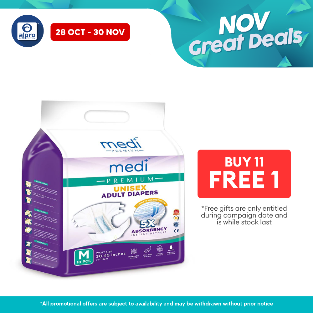 Medi Premium Unisex Adult Diapers (M) 10s | Fast Dry Absorption Alpro Pharmacy