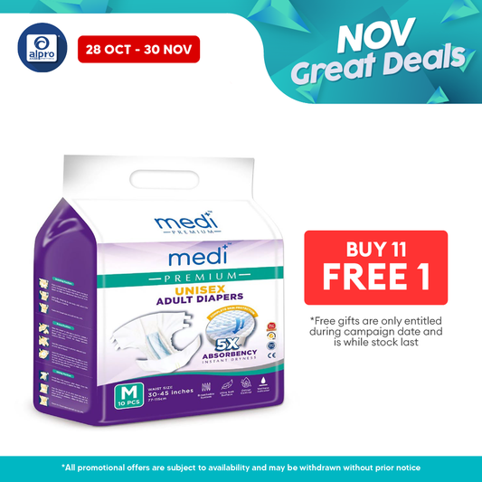 Medi Premium Unisex Adult Diapers (M) 10s | Fast Dry Absorption