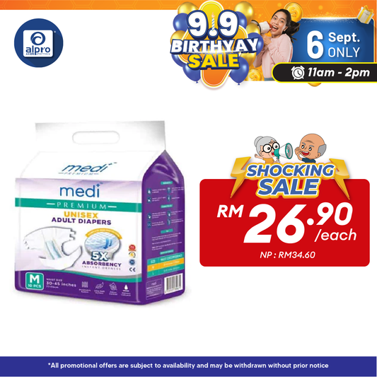 Medi Premium Unisex Adult Diapers (M) 10s | Fast Dry Absorption Alpro Pharmacy
