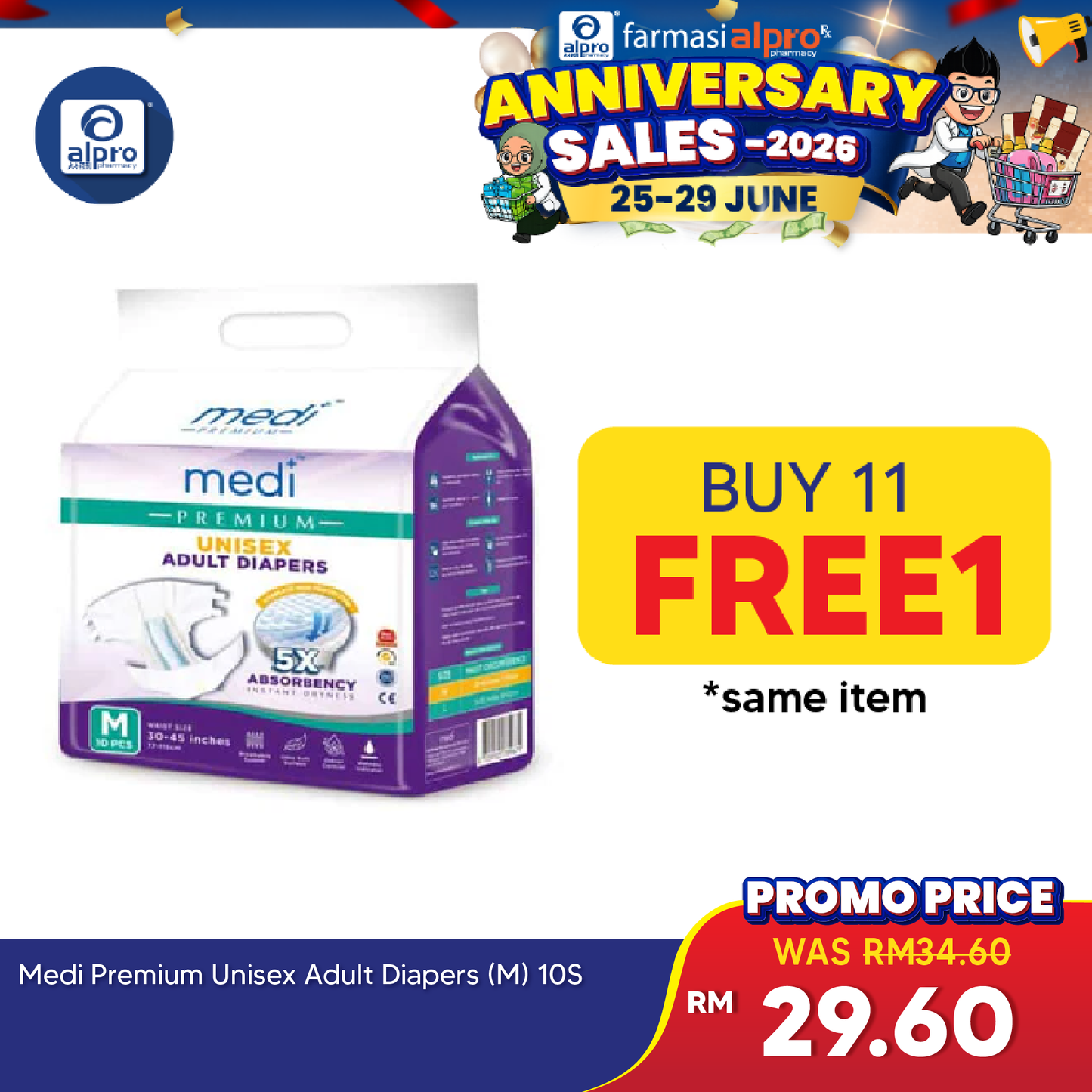 Medi Premium Unisex Adult Diapers (M) 10s | Fast Dry Absorption Medi+