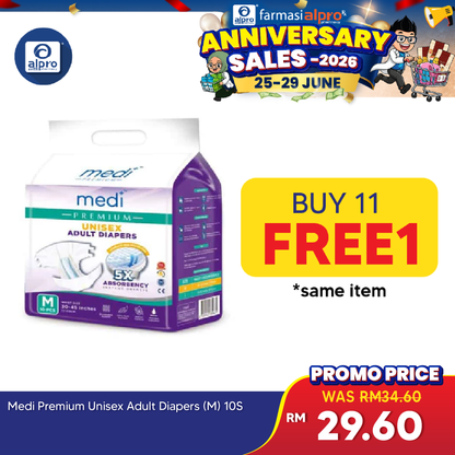 Medi Premium Unisex Adult Diapers (M) 10s | Fast Dry Absorption Medi+