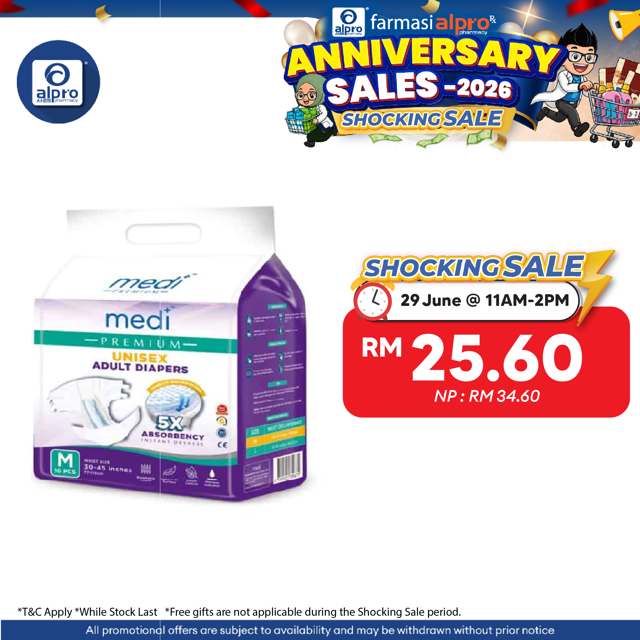 Medi Premium Unisex Adult Diapers (M) 10s | Fast Dry Absorption Medi+