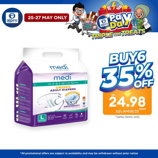 Medi Premium Unisex Adult Diapers (L) 10s | Fast Dry Absorption Medi+