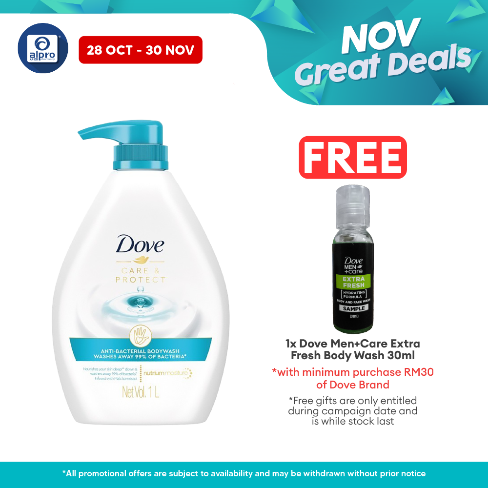 Dove Care & Protect Anti-Bacterial Body Wash 1L | Nourishing Body Wash Alpro Pharmacy