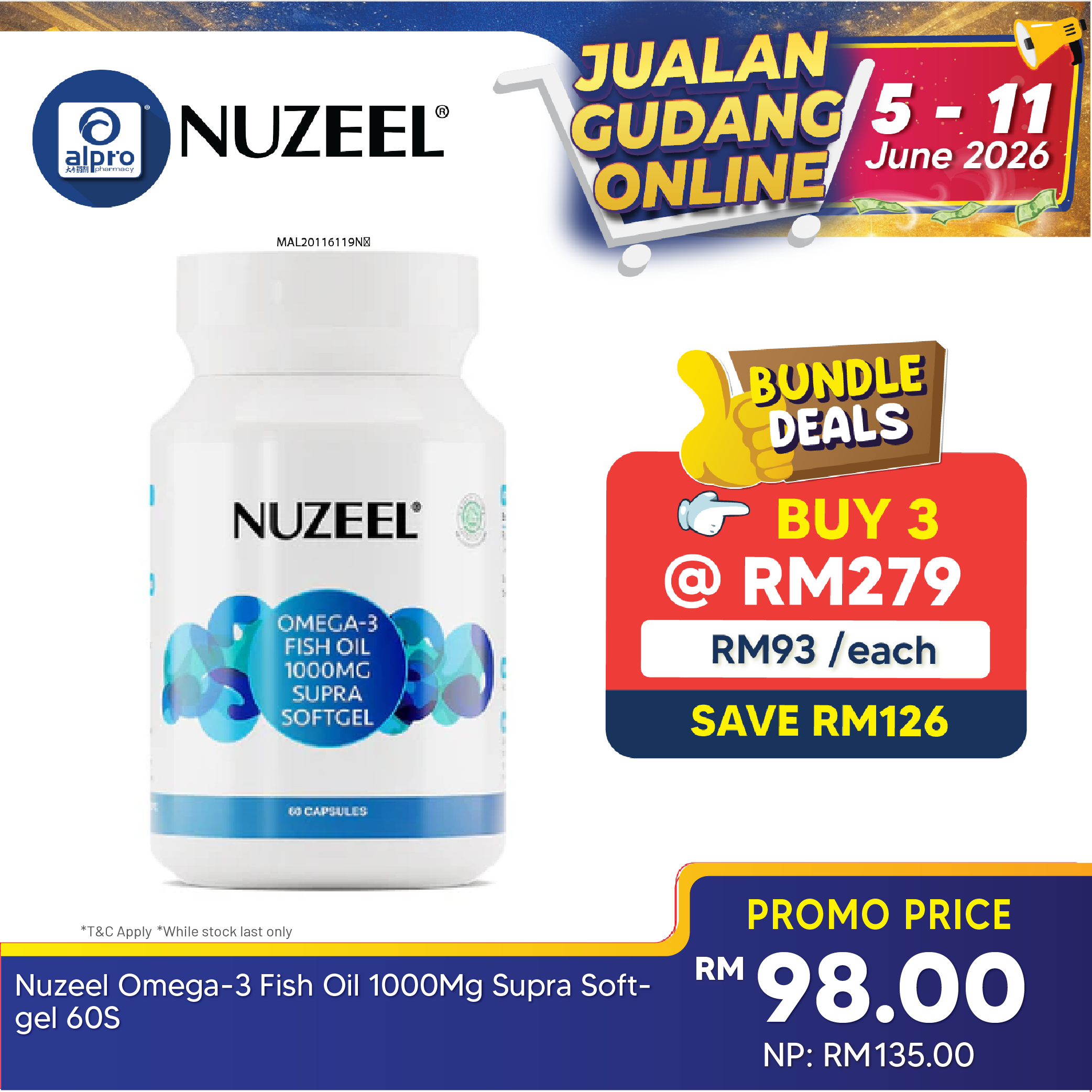 Nuzeel Omega 3 Fish Oil 1000mg Supra  Softgel 60s | Brain & Nerve System Support Nuzeel