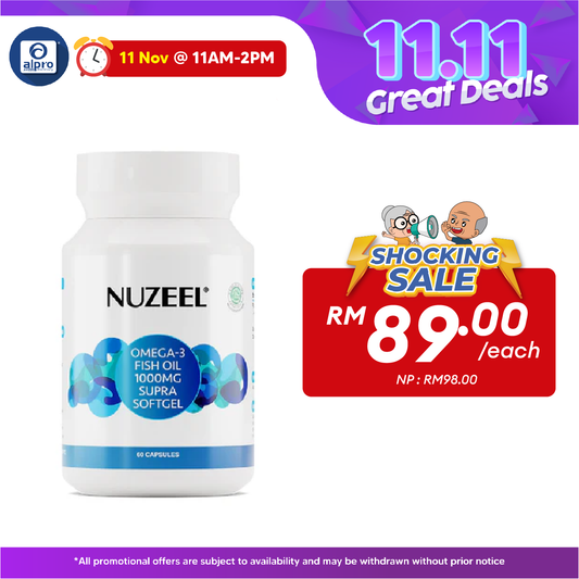 Nuzeel Omega 3 Fish Oil 1000mg Supra  Softgel 60s | Brain & Nerve System Support Nuzeel
