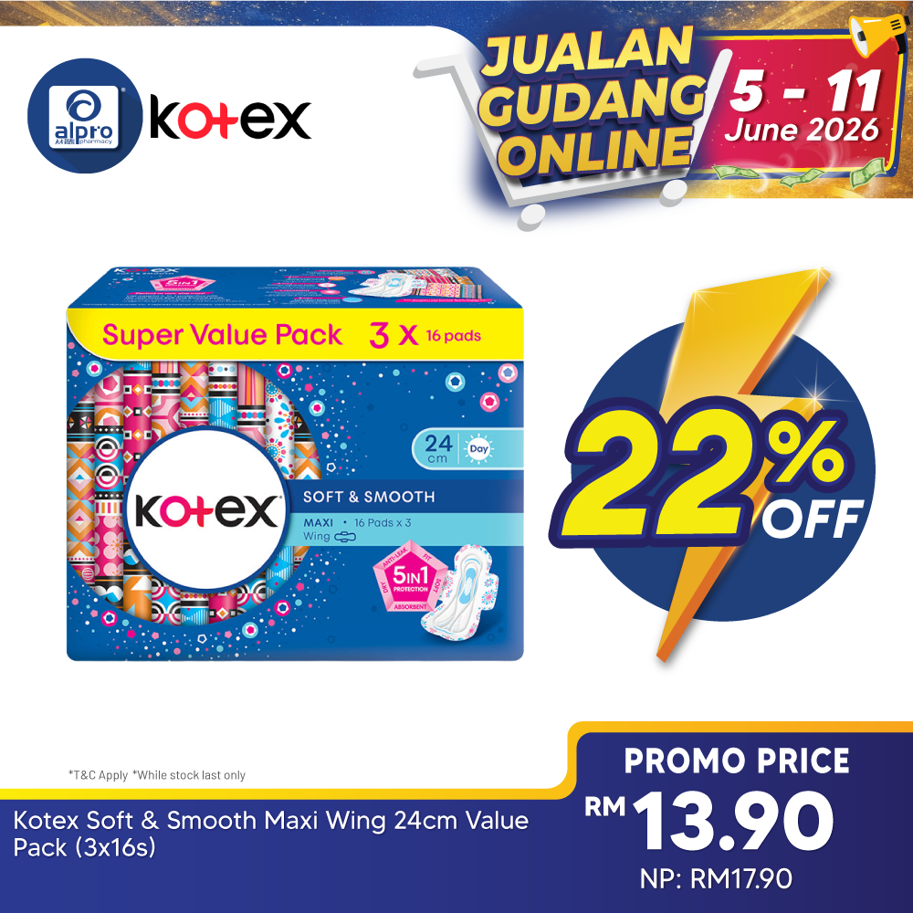 Kotex Soft & Smooth Maxi Wing 24cm Value Pack (3x16s) Kotex