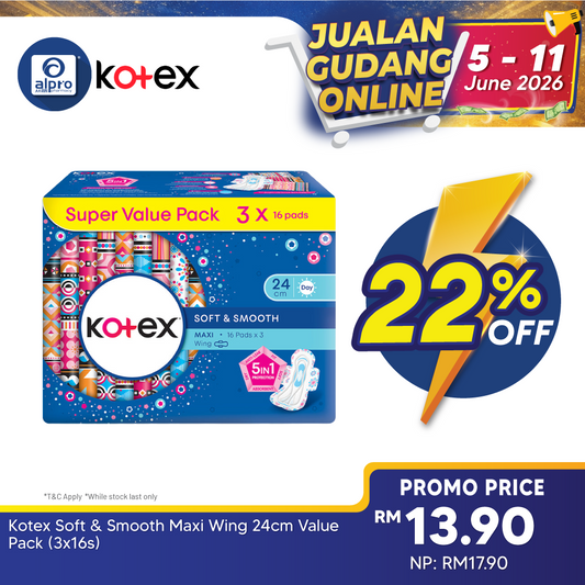 Kotex Soft & Smooth Maxi Wing 24cm Value Pack (3x16s) Kotex