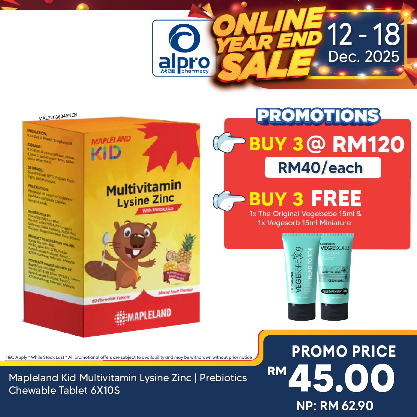 Mapleland Kid Multivitamin Lysine Zinc | Prebiotics Chewable Tablet 6X10S Mapleland