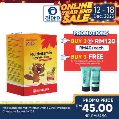 Mapleland Kid Multivitamin Lysine Zinc | Prebiotics Chewable Tablet 6X10S Mapleland