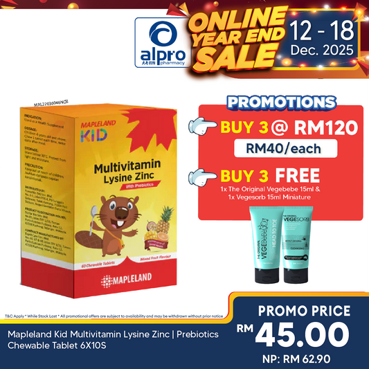 Mapleland Kid Multivitamin Lysine Zinc | Prebiotics Chewable Tablet 6X10S Mapleland