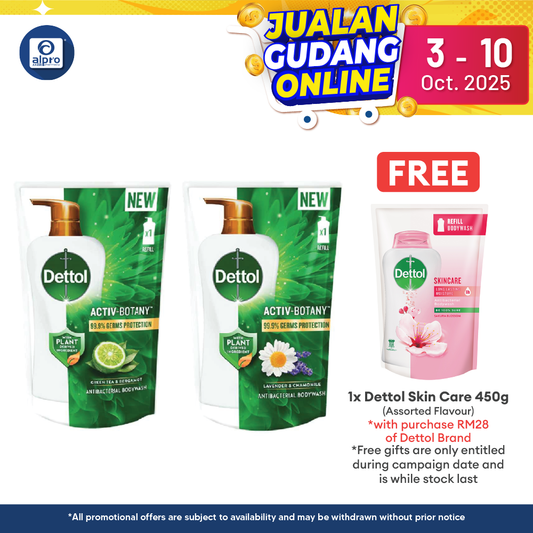 Dettol Activ-Botany Shower Gel Refill Pouch 750ml (Lavender & Chamomile / Green Tea & Bergamot) | 99.9% Germs Protection Alpro Pharmacy