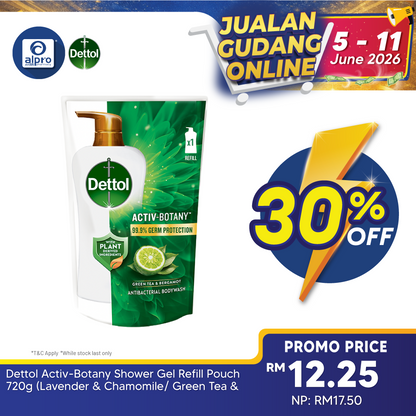 Dettol Activ-Botany Shower Gel Refill Pouch 720g (Lavender & Chamomile/ Green Tea & Bergamot) Dettol