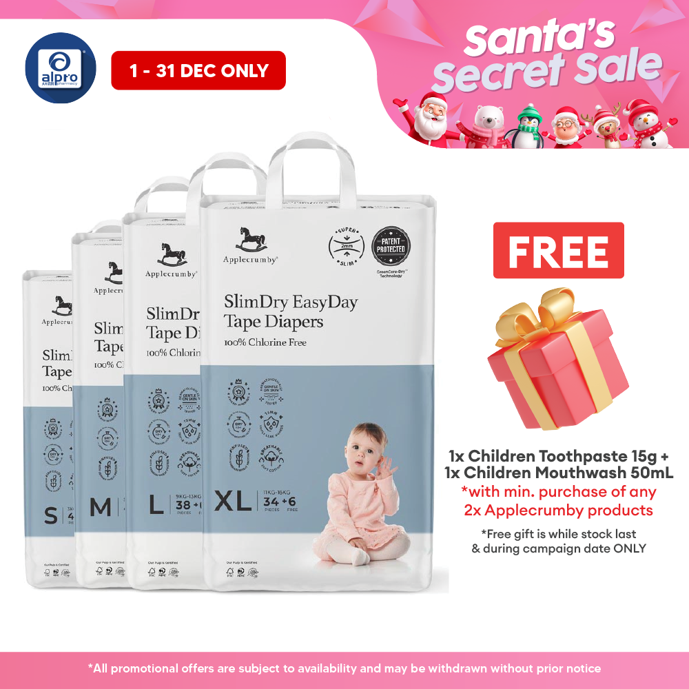 Applecrumby® SlimDry EasyDay Tape Diapers (S/ M/ L/ XL) | Holds 30× Its Weight In Liquid Applecrumby