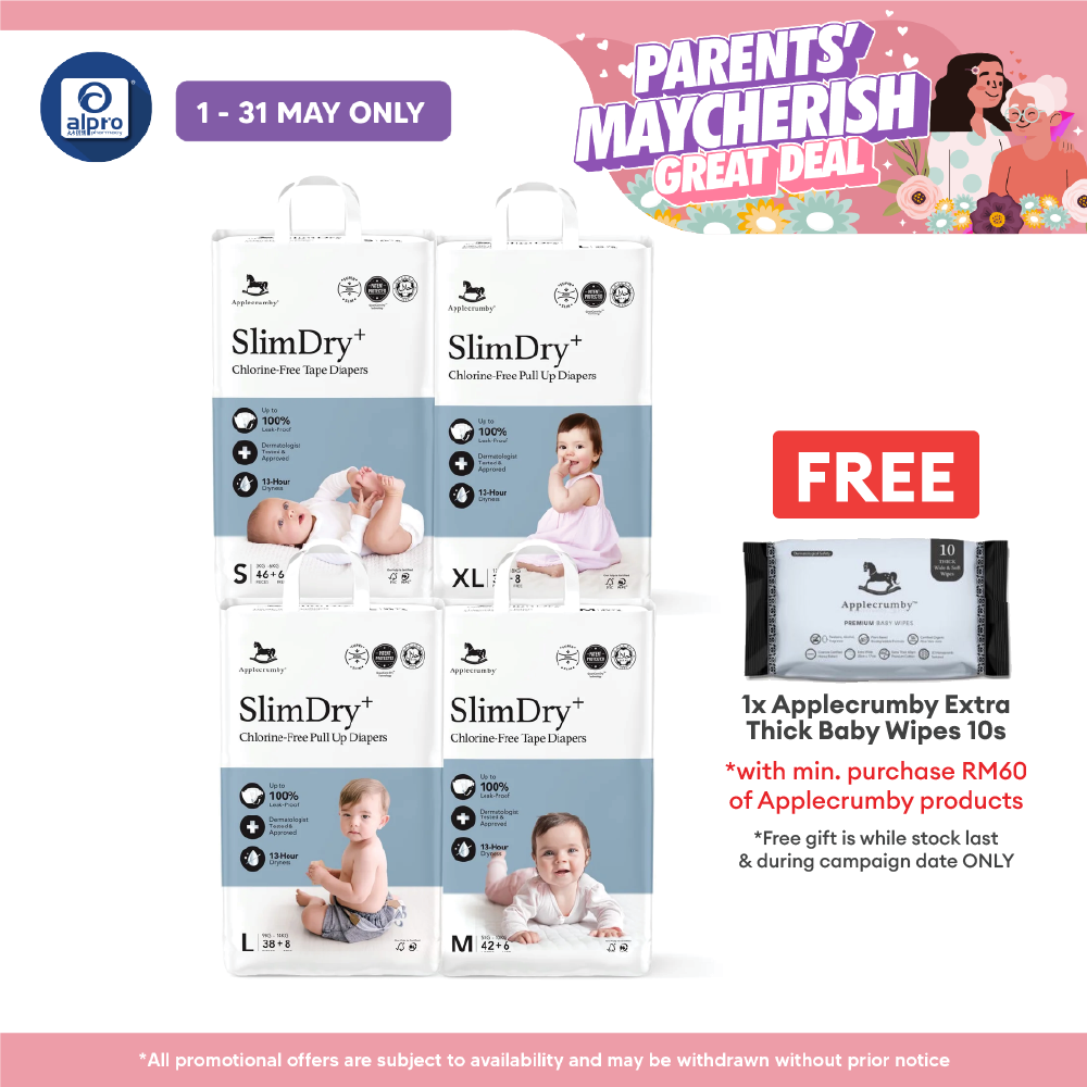 Applecrumby® SlimDry EasyDay Tape Diapers (S/ M/ L/ XL) | Holds 30× Its Weight In Liquid Applecrumby