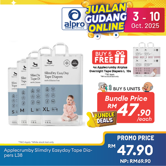 Applecrumby® SlimDry EasyDay Tape Diapers (S/ M/ L/ XL) | Holds 30× Its Weight In Liquid Alpro Pharmacy